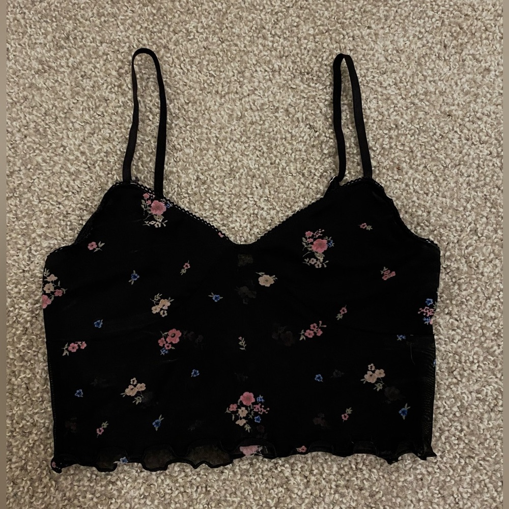 Forever 21 black mesh floral crop top